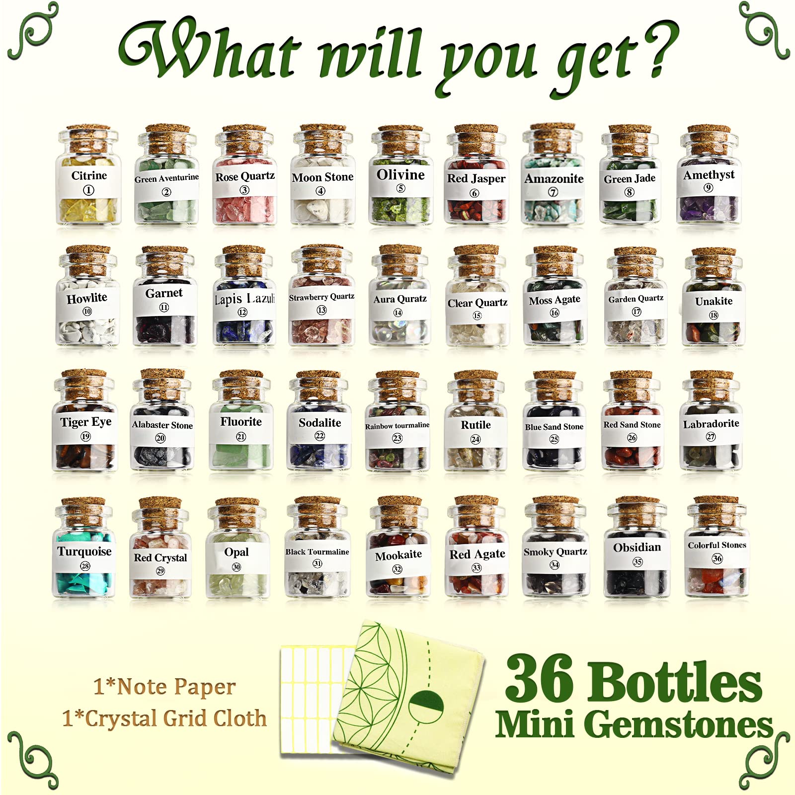 AMill 36 Bottles Nature Crystal Chips, Small Crystals for Witchcraft & Healing, Mini Gemstones Set for Wiccan Rituals and Spell Jars, 36 Bottles Crystals & Healing Stones for Altar Rituals.