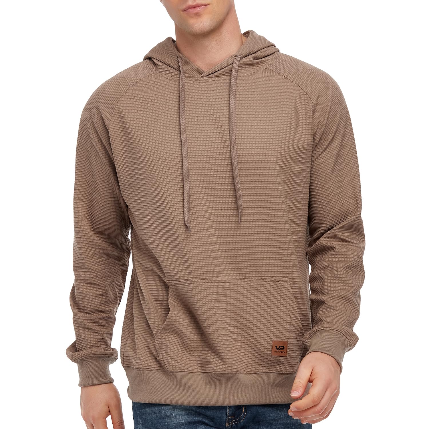 VICT POPU Hoodies For Men Pullover Long Sleeve hooded Plaid Jacquard With Big Pockets Solid Color Sweatshirt Dark Khaki 3XL