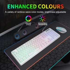 HUO JI White Gaming Keyboard USB Wired with Rainbow LED Backlit, Floating Keys, Mechanical Feeling, Spill resistant, Ergonomic for Xbox, PS Series, Desktop, Computer, PC