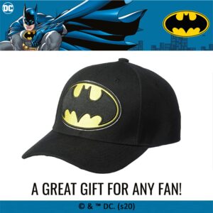 DC Comics Batman Baseball Hat, Embroidered Logo Adjustable Cap with Curved Brim, Black, One Size