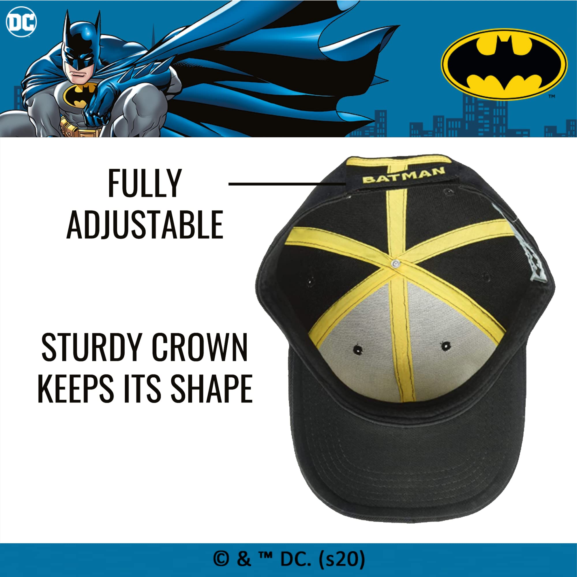 DC Comics Batman Baseball Hat, Embroidered Logo Adjustable Cap with Curved Brim, Black, One Size