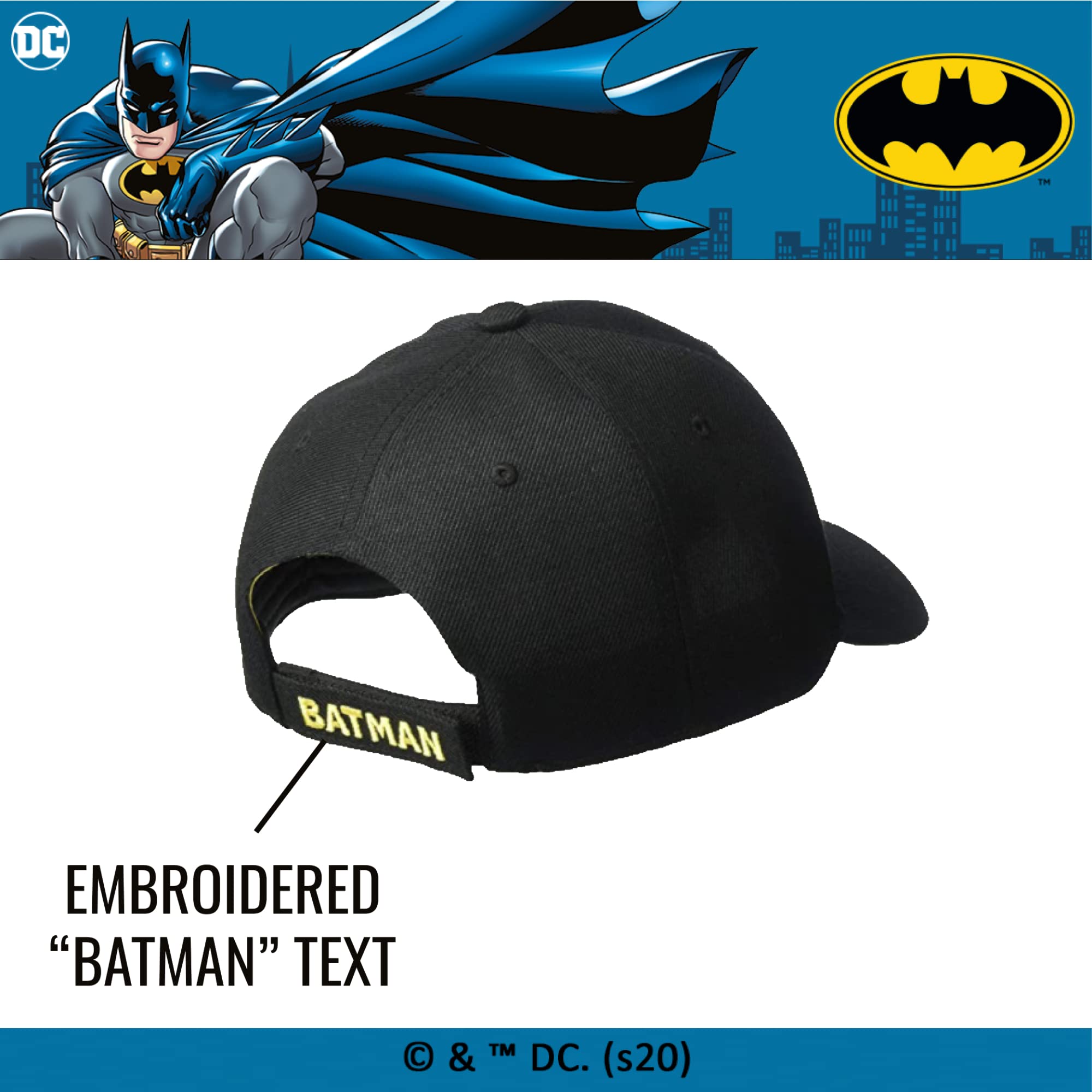 DC Comics Batman Baseball Hat, Embroidered Logo Adjustable Cap with Curved Brim, Black, One Size