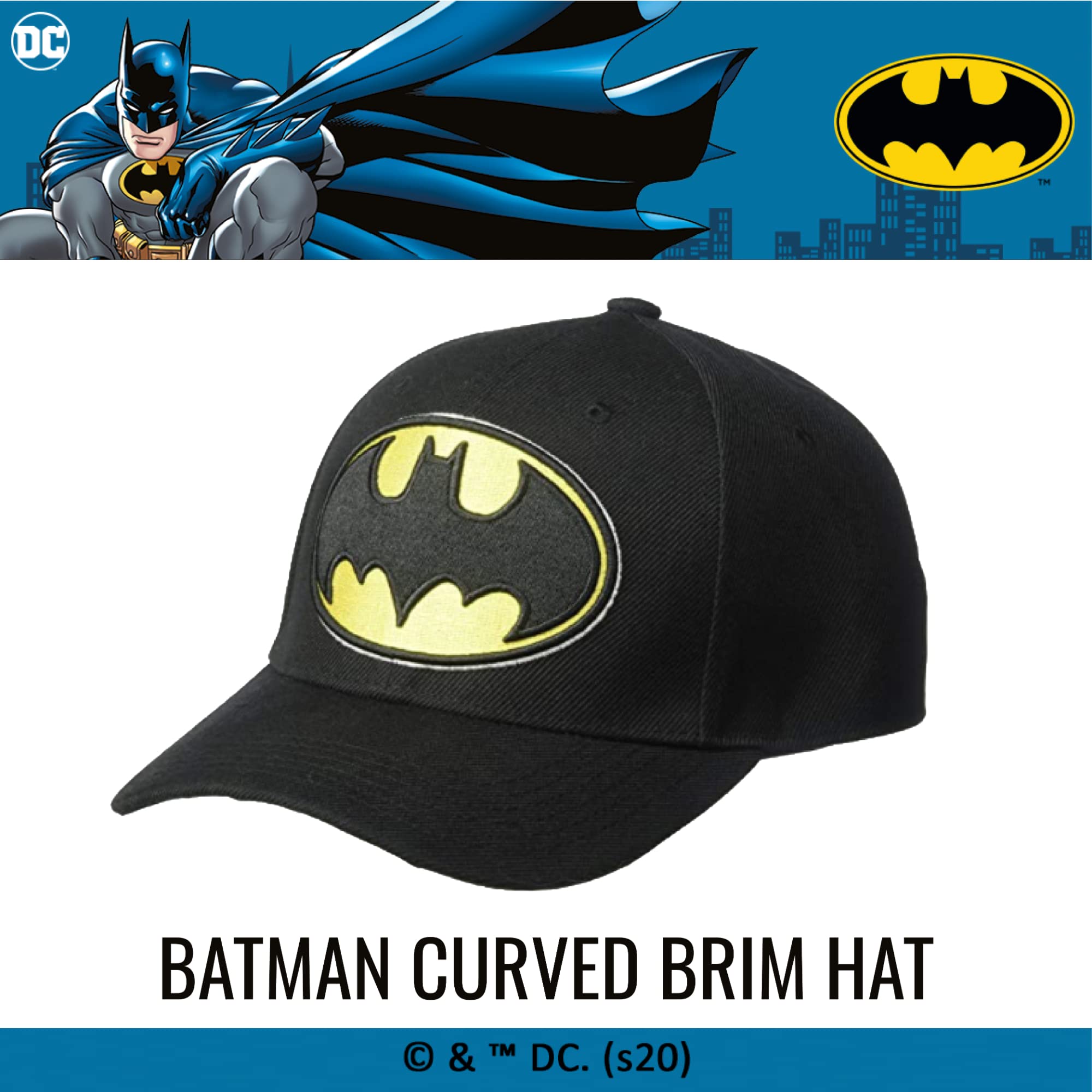 DC Comics Batman Baseball Hat, Embroidered Logo Adjustable Cap with Curved Brim, Black, One Size