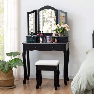 MAT EXPERT Vanity Desk Set with Mirror and Drawer, Dressing Table w/Cushioned Stool, Dressing Table w/4 Drawers, Modern Tri-Folding Mirror Vanities for Washroom/Bedroom/Nursery Room (Black)