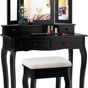 MAT EXPERT Vanity Desk Set with Mirror and Drawer, Dressing Table w/Cushioned Stool, Dressing Table w/4 Drawers, Modern Tri-Folding Mirror Vanities for Washroom/Bedroom/Nursery Room (Black)