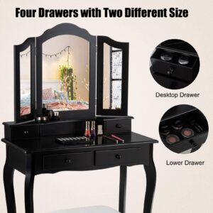 MAT EXPERT Vanity Desk Set with Mirror and Drawer, Dressing Table w/Cushioned Stool, Dressing Table w/4 Drawers, Modern Tri-Folding Mirror Vanities for Washroom/Bedroom/Nursery Room (Black)