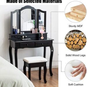 MAT EXPERT Vanity Desk Set with Mirror and Drawer, Dressing Table w/Cushioned Stool, Dressing Table w/4 Drawers, Modern Tri-Folding Mirror Vanities for Washroom/Bedroom/Nursery Room (Black)