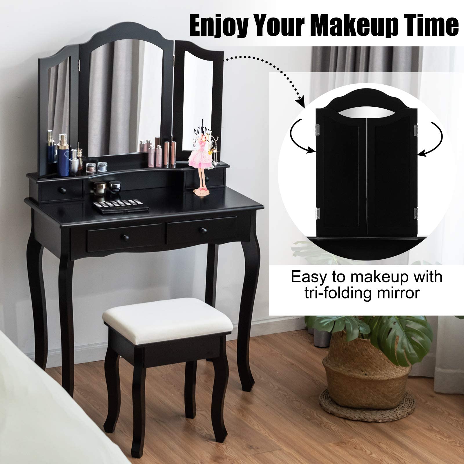 MAT EXPERT Vanity Desk Set with Mirror and Drawer, Dressing Table w/Cushioned Stool, Dressing Table w/4 Drawers, Modern Tri-Folding Mirror Vanities for Washroom/Bedroom/Nursery Room (Black)