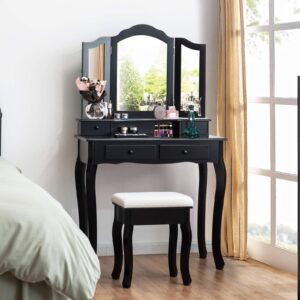 MAT EXPERT Vanity Desk Set with Mirror and Drawer, Dressing Table w/Cushioned Stool, Dressing Table w/4 Drawers, Modern Tri-Folding Mirror Vanities for Washroom/Bedroom/Nursery Room (Black)