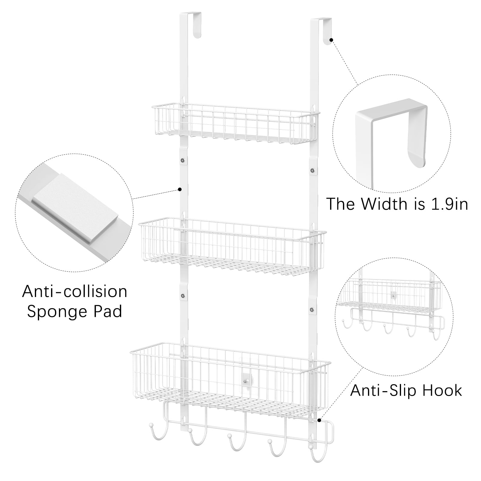 CADUKE Over The Door Organizer Hanger with Basket Hanger Door Towel Rack with 5 Hooks Back of Door Storage Organizer Behind Door Hooks Hanger Shelf for Bathroom, Kitchen, Office, White