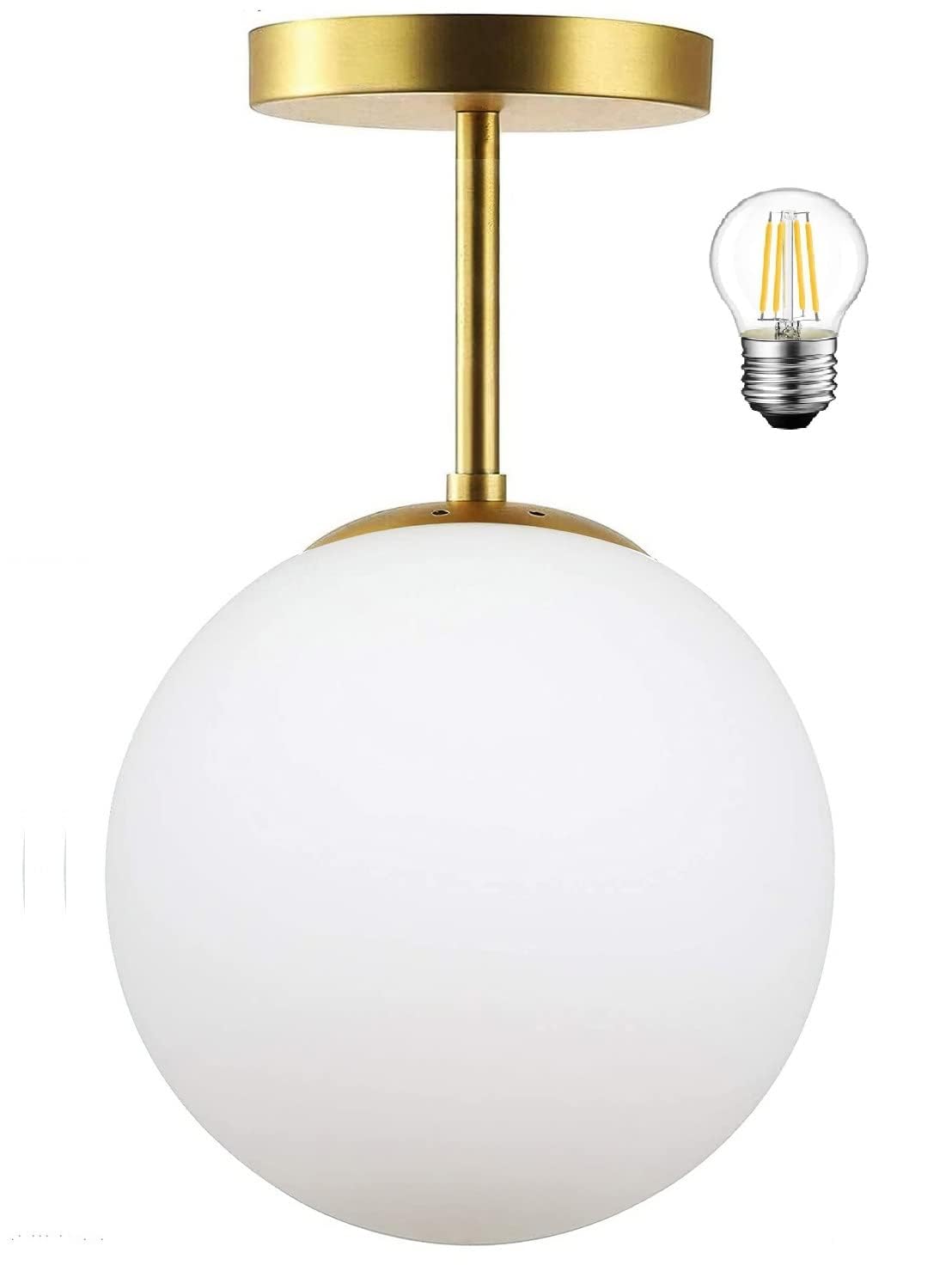 Mid Century Modern Globe Semi Flush Mount Ceiling Light Fixture Frosted Glass with Gold Brass Finish,1-Light Sphere Glass Pendant Lights for Aisle Porch Stairway Closet Kitchen Laundry Room(Bulb Incl)