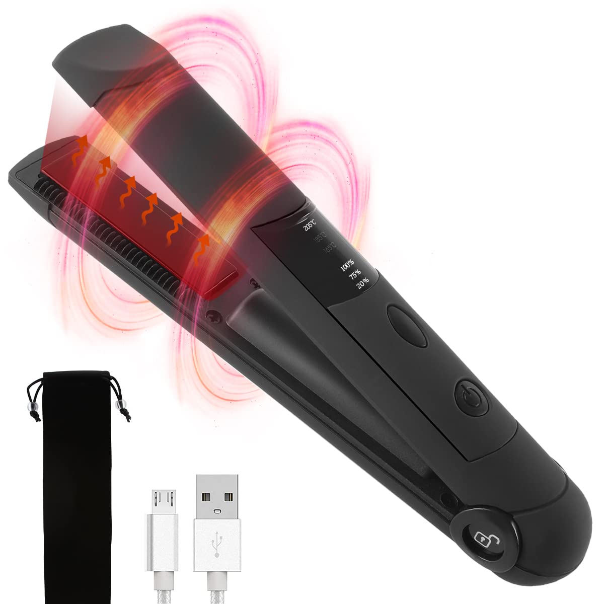 2 in 1 Professional Hair Straightener and Curler USB Rechargeable Shutdown and Boot Protection Function Flat Iron for Hair Ceramic Heating Material for Styling (Matte Black)