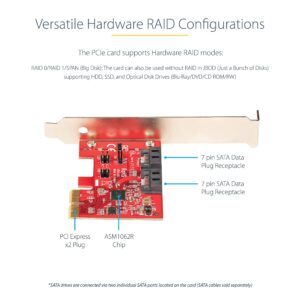 StarTech.com SATA PCIe Card - 2 Port PCIe SATA Expansion Card - 6Gbps - Full/Low Profile - PCI Express to SATA Adapter/Controller - ASM1062R SATA RAID - PCIe to SATA Converter (2P6GR-PCIE-SATA-CARD)