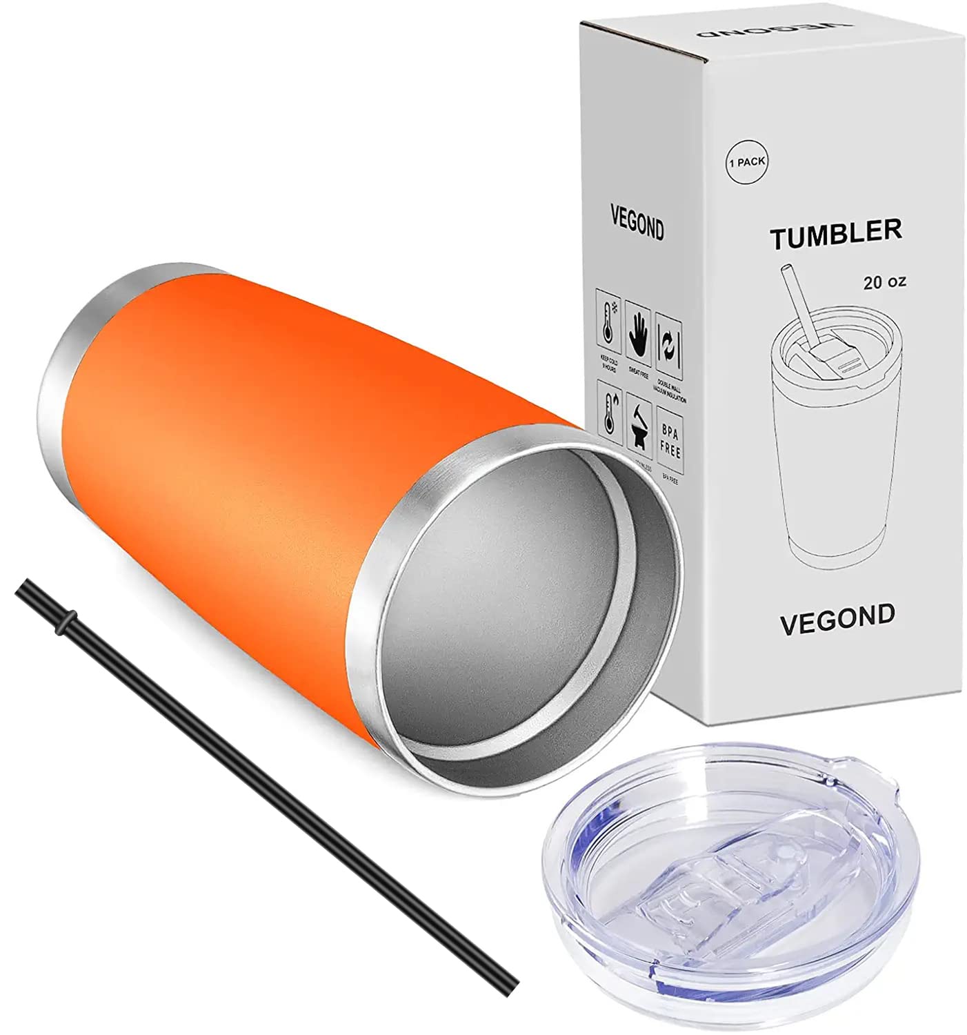 VEGOND 20oz Tumbler with Lid and Straw Stainless Steel Tumbler Cup Vacuum Insulated Double Wall Travel Coffee Mug Powder Coated Coffee Cup(Orange 1 Pack)