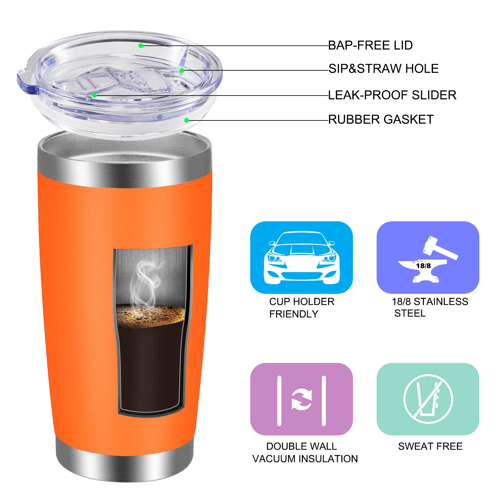 VEGOND 20oz Tumbler with Lid and Straw Stainless Steel Tumbler Cup Vacuum Insulated Double Wall Travel Coffee Mug Powder Coated Coffee Cup(Orange 1 Pack)