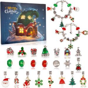 Christmas Advent Calendar Bracelets 2024 for Girls 24 Days Xmas Countdown Calendar DIY Jewelry Making Kit Gift 22 Charm Beads 2 Bracelets for Kids Teens Women