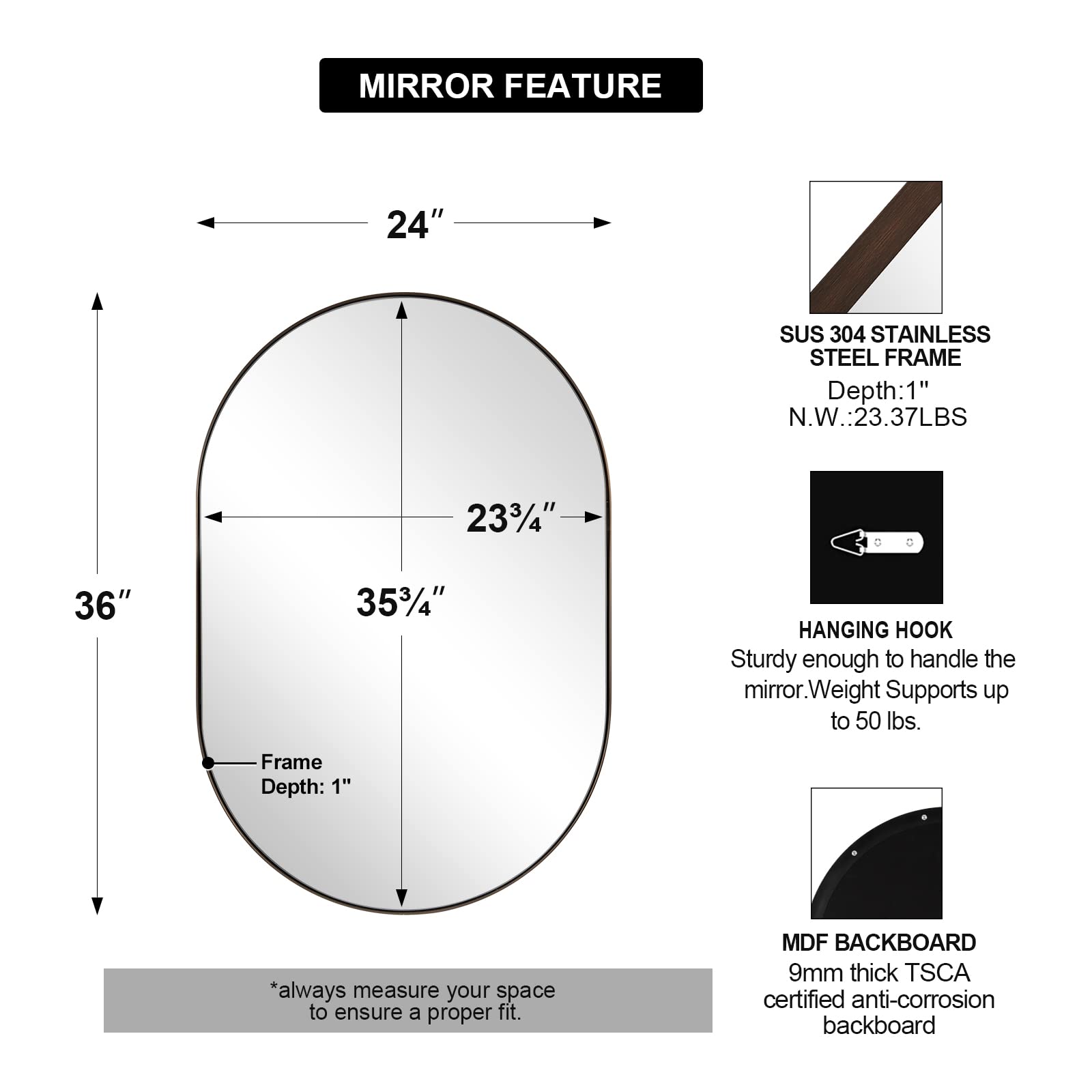 ANDY STAR Bronze Bathroom Mirror, 24x36 Oval Mirrors for Bathroom, Bronze Oval Mirror in Metal Frame Deep 1’’ Wall Mounted Vertical/Horizontal