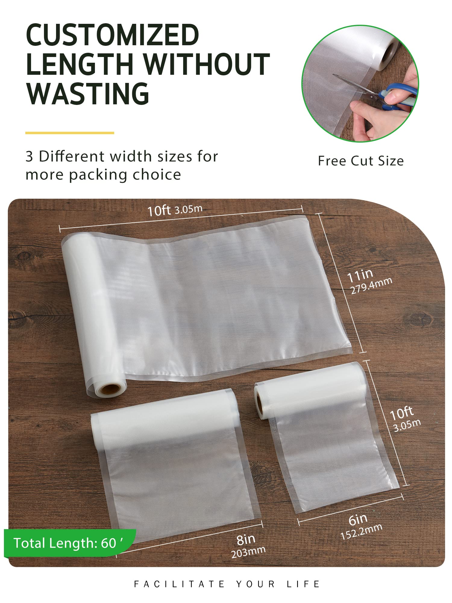 Syntus Vacuum Sealer Bags, 6 Pack 2 Rolls 11" x 10' and 2 Rolls 8" x 10' and 2 Rolls 6" x 10' Commercial Grade BPA Free Bag Rolls, Food Vac Bags for Storage, Meal Prep or Sous Vide