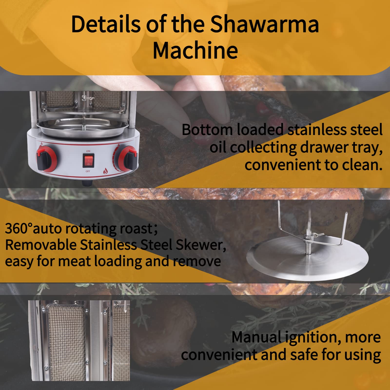 3000W Shawarma Meat Grill Machine Doner Kebab Griddle Rotisserie Vertical Broiler, Steel Roasters Barbecue, Liquefied Propane Gas Gyro Grill for Commercial and Home Kitchen