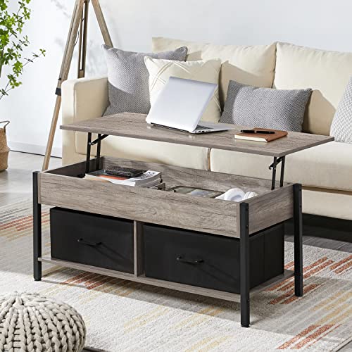 Yaheetech Lift-top Coffee Table with 2 Fabric Baskets & Hidden Storage Compartment, Raisable Top Coffee Table Industrial Center Table with Shelf for Living Room, Gray