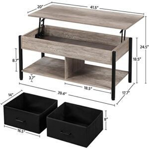 Yaheetech Lift-top Coffee Table with 2 Fabric Baskets & Hidden Storage Compartment, Raisable Top Coffee Table Industrial Center Table with Shelf for Living Room, Gray