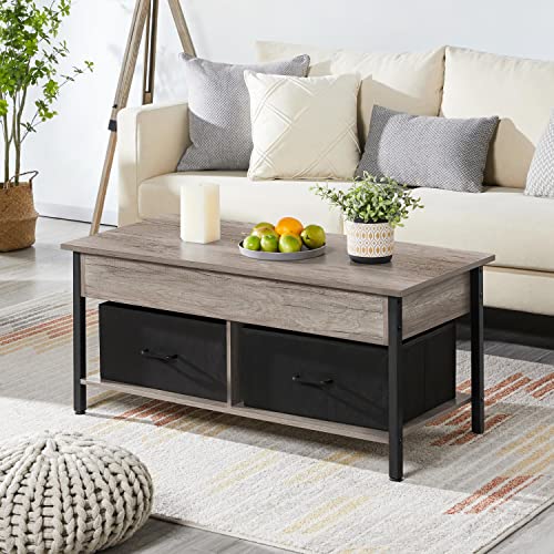 Yaheetech Lift-top Coffee Table with 2 Fabric Baskets & Hidden Storage Compartment, Raisable Top Coffee Table Industrial Center Table with Shelf for Living Room, Gray