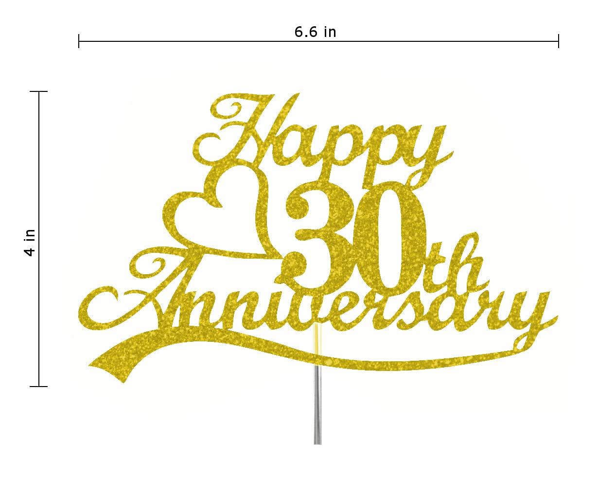 30th Anniversary Cake Topper Gold Glitter, 30 Wedding Anniversary Party Decoration Ideas, Premium Quality, Sturdy Doubled Sided Glitter, Acrylic Stick. Made in USA (30th Gold)