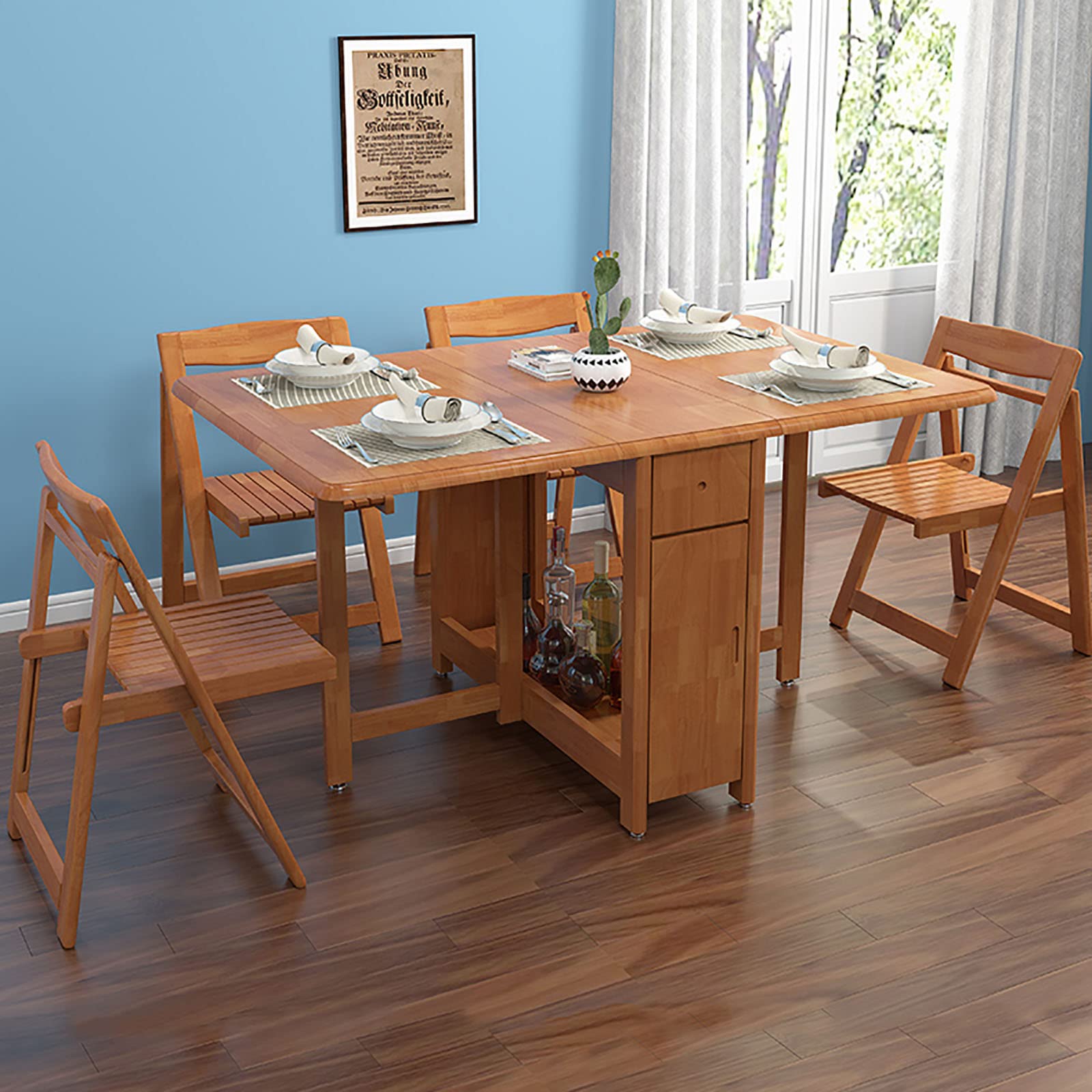 Solid Wood Drop Leaf Table with 4 Chairs, Household Folding Dining Table Set, Small Apartment Simple Solid Wood Table, Rectangular Kitchen Dining Table, Brown