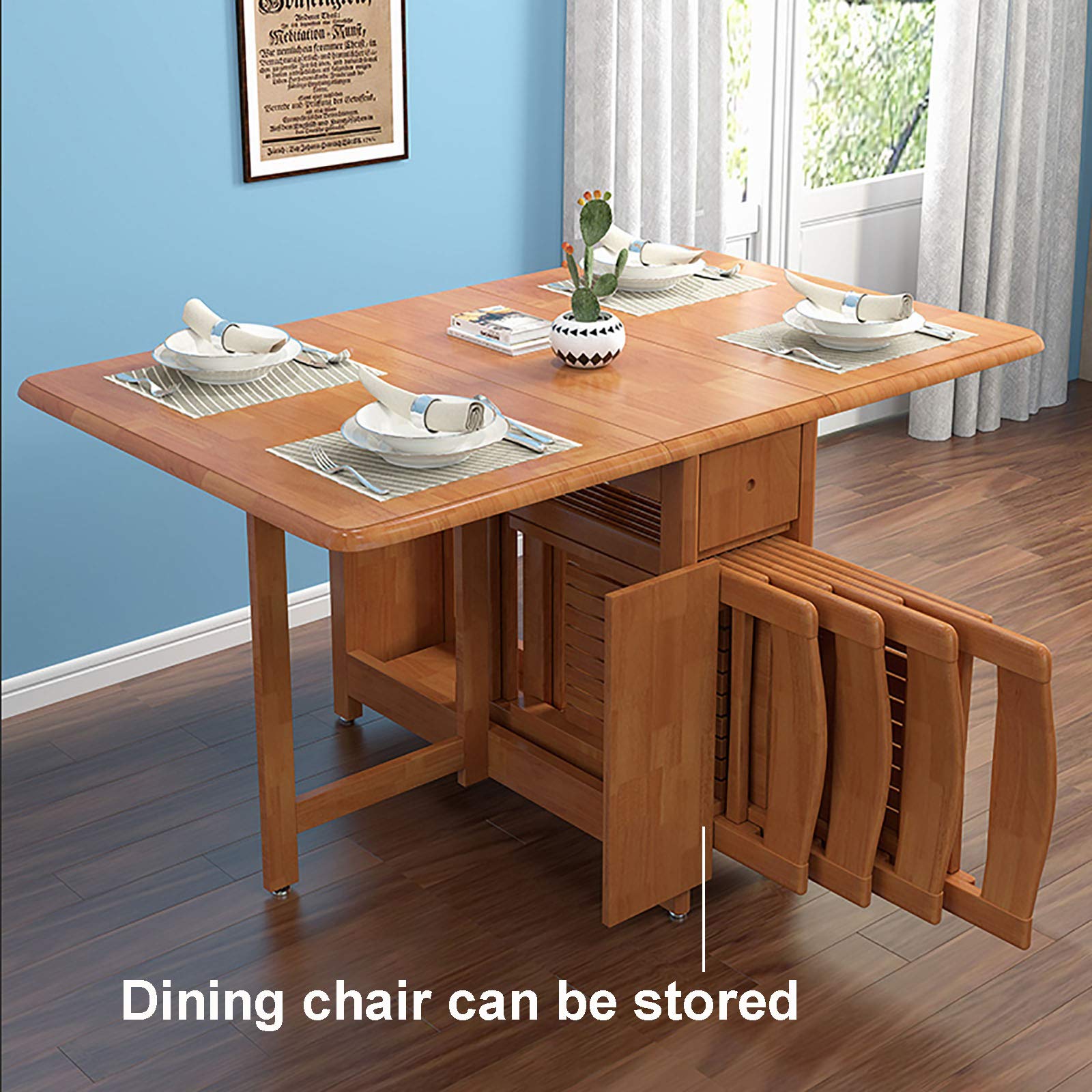 Solid Wood Drop Leaf Table with 4 Chairs, Household Folding Dining Table Set, Small Apartment Simple Solid Wood Table, Rectangular Kitchen Dining Table, Brown