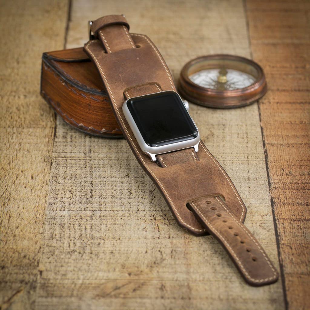 HARDISTON Cuff Watch Band Compatible with Apple 41mm for men & women, Handmade Genuine Leather, Compatible with iWatch Series 7 6 5 4 3 2 1 SE, Wrist Bracelet Arm Band, Large/Band-Brown