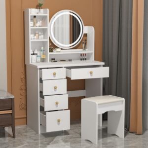 FAMAPY Vanity Desk with Mirror, Lights and Drawers for Makeup, includes Shelves, Cushion Stool for Bedroom White (31.5”W x 15.7”D x 53.1”H)