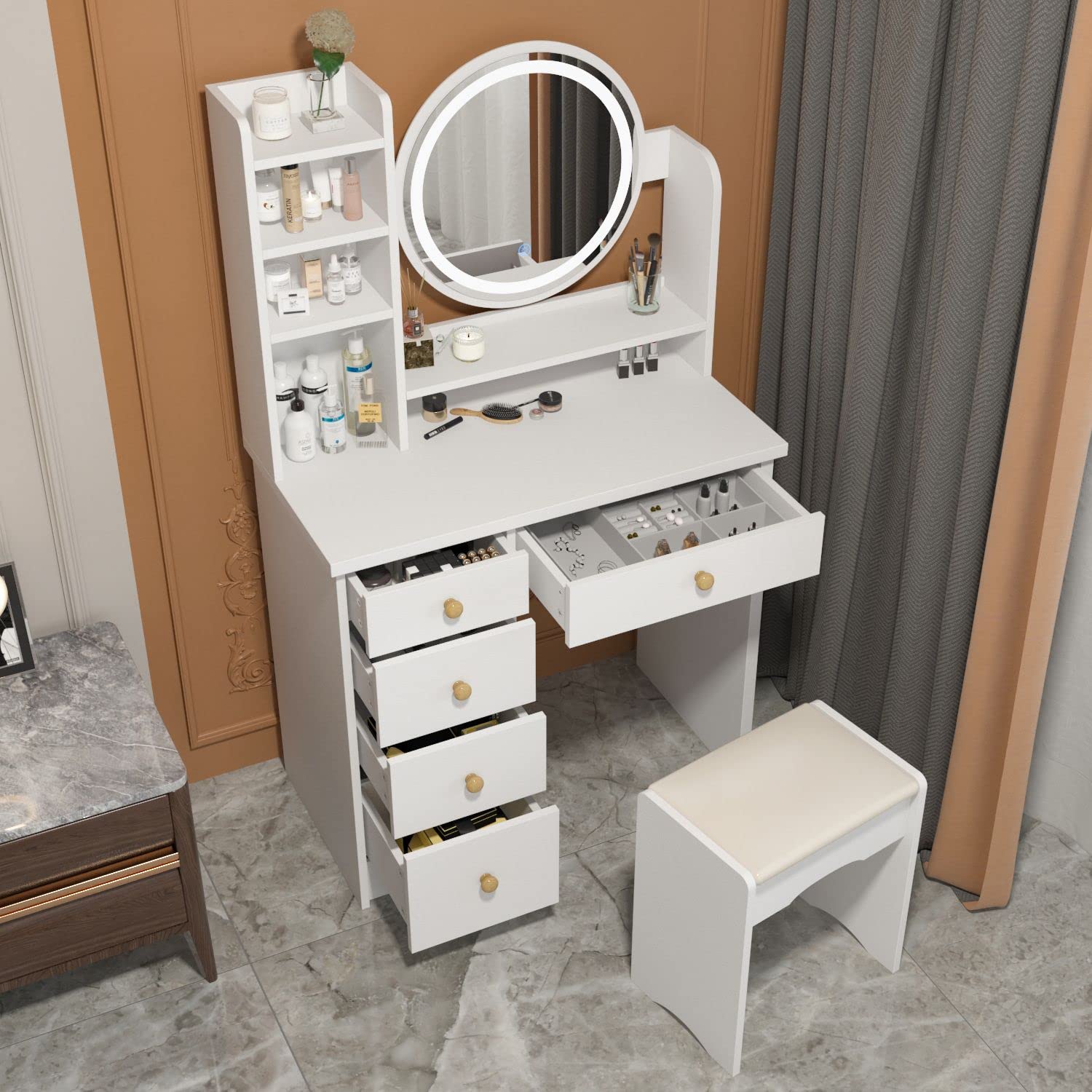 FAMAPY Vanity Desk with Mirror, Lights and Drawers for Makeup, includes Shelves, Cushion Stool for Bedroom White (31.5”W x 15.7”D x 53.1”H)