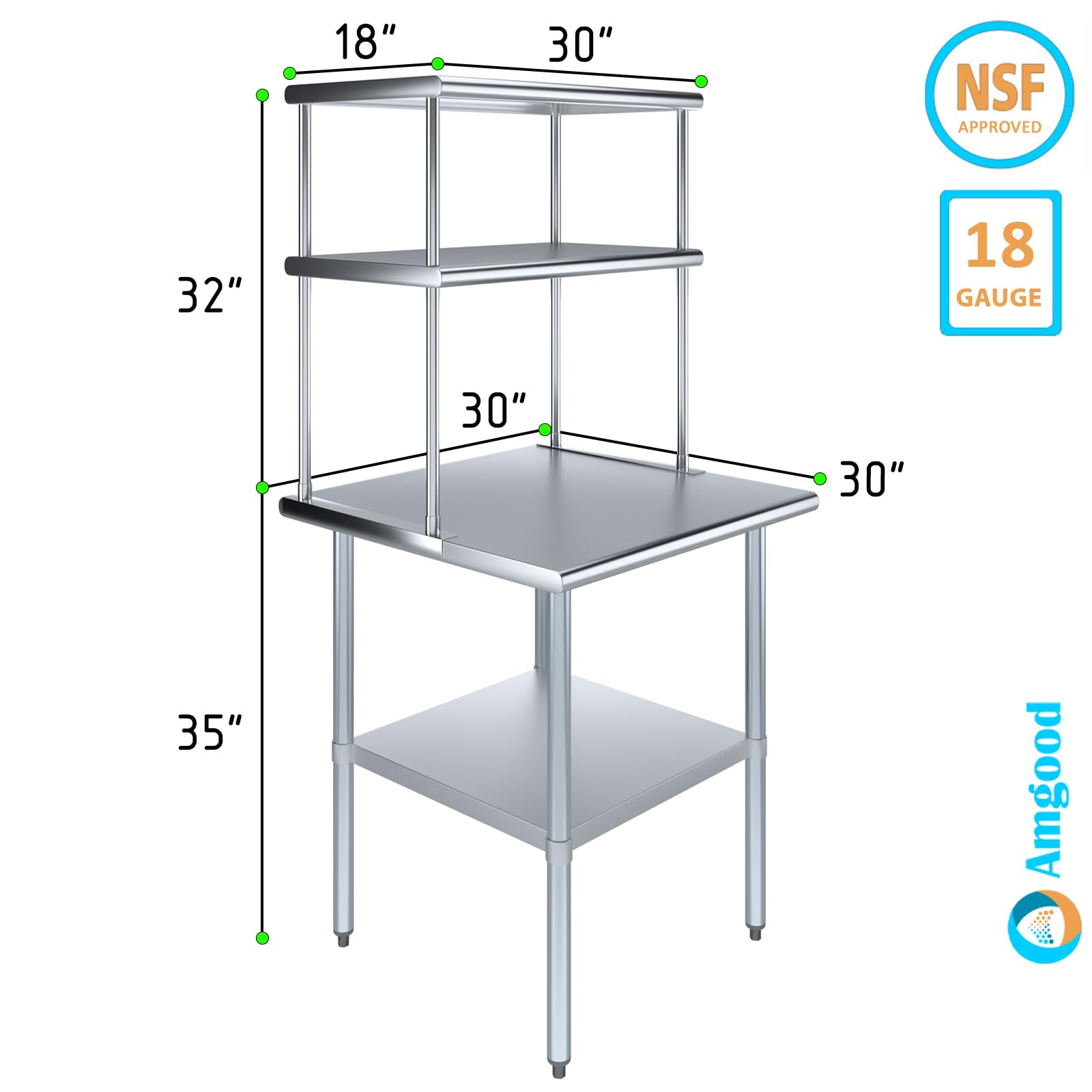 Amgood Stainless Steel Work Table Double Tier Overshelf | Metal Kitchen Prep Table & Shelving Combo (30" x 30" Work Table + 18" Overshelf)