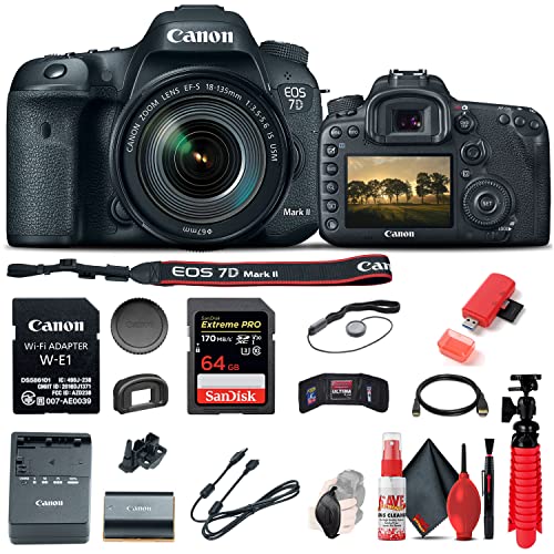 Canon EOS 7D Mark II DSLR Camera with 18-135mm f/3.5-5.6 IS USM Lens & W-E1 Wi-Fi Adapter (9128B135) + 64GB Memory Card + Case + Card Reader + Flex Tripod + Hand Strap + More (Renewed)