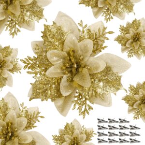 15 pcs gold poinsettia flower artificial poinsettia with clips christmas decor glitter poinsettia christmas ornaments christmas tree flower decorations with stems diy xmas wreath holiday party decor