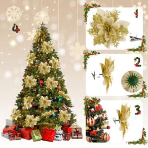 15 PCS Gold Poinsettia Flower Artificial Poinsettia with Clips Christmas Decor Glitter Poinsettia Christmas Ornaments Christmas Tree Flower Decorations with Stems DIY Xmas Wreath Holiday Party Decor