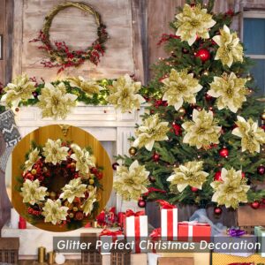 15 PCS Gold Poinsettia Flower Artificial Poinsettia with Clips Christmas Decor Glitter Poinsettia Christmas Ornaments Christmas Tree Flower Decorations with Stems DIY Xmas Wreath Holiday Party Decor