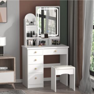 Hitow 31.5'' Makeup Vanity Set with Drawer and Shelf, Wood Dressing Table with Lighted Screen Mirror, Girls Makeup Vanity Table with Jewelry Organizer for Bedroom, White