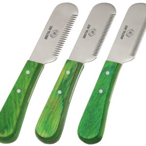 BRUTUL FIGHT Bee Dog Grooming Coat Stripping Knife Stripper Trimmer Tool Wooden Handle Stripping Knives Set of 3 With Stainless Steel Blade Non-Slip Tools for Dogs - Right Handed Tool (GREEN)