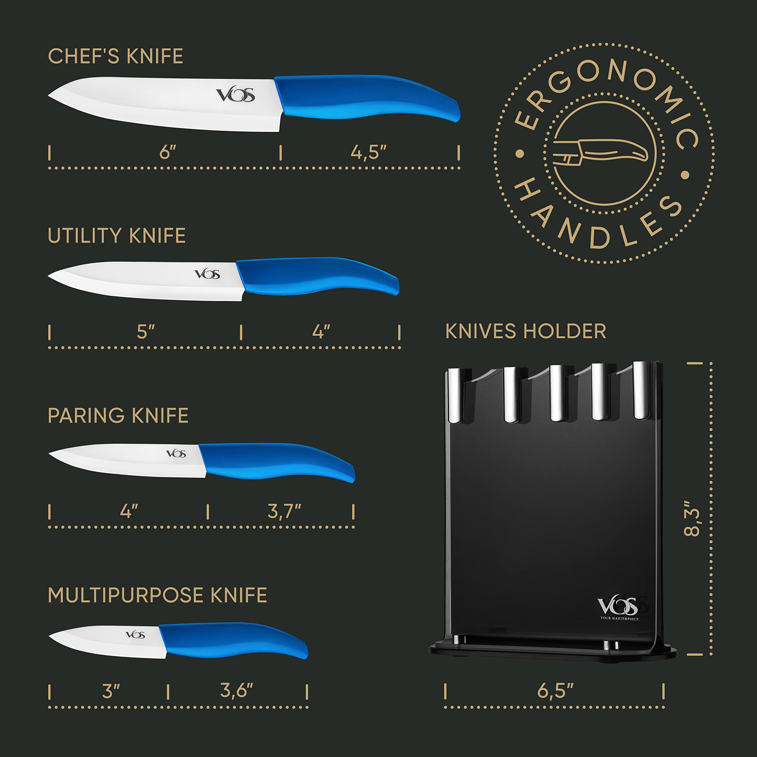 Vos Ceramic Knife Set With Block, Ceramic Knives Set For Kitchen, Ceramic Kitchen Knives With Holder, Ceramic Paring Knife 3", 4", 5", 6" Inch Blue