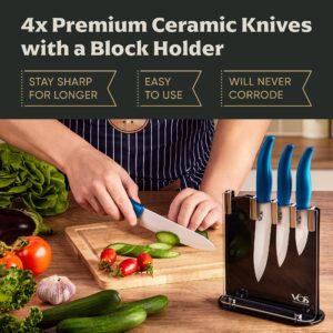 Vos Ceramic Knife Set With Block, Ceramic Knives Set For Kitchen, Ceramic Kitchen Knives With Holder, Ceramic Paring Knife 3", 4", 5", 6" Inch Blue