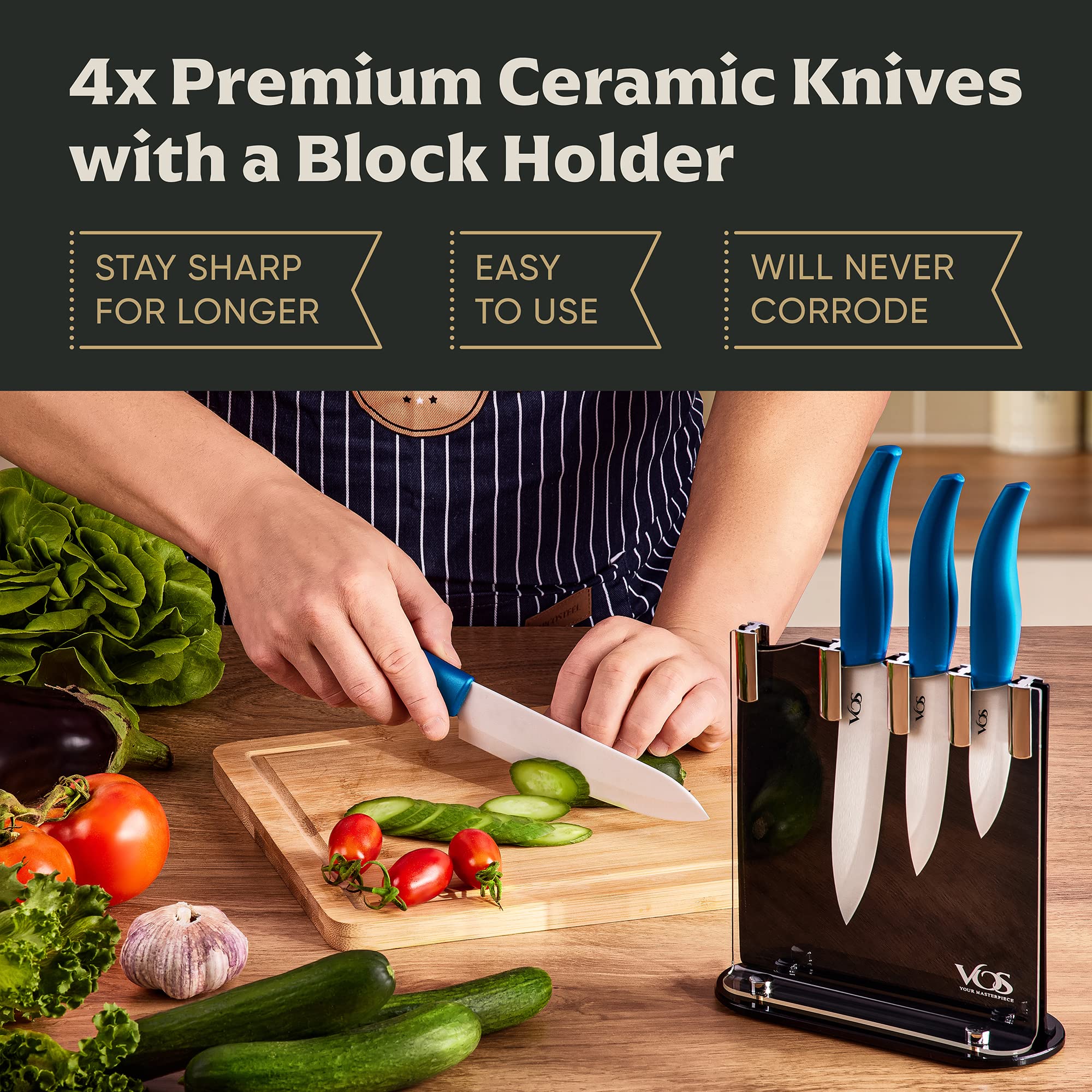 Vos Ceramic Knife Set With Block, Ceramic Knives Set For Kitchen, Ceramic Kitchen Knives With Holder, Ceramic Paring Knife 3", 4", 5", 6" Inch Blue