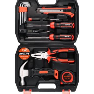 DIFFLIFE Tool Sets Household Tool Kit 15-Piece,General Home/Auto Repair Tool Set with Hammer, Pliers, Screwdriver Set and Toolbox Storage Case - Perfect for Homeowner, Diyer, Handyman (15-Piece)…