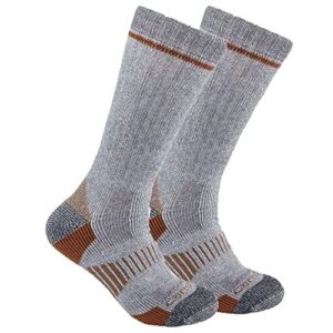 carhartt men's midweight synthetic-wool blend boot sock 2 pack, grey, large