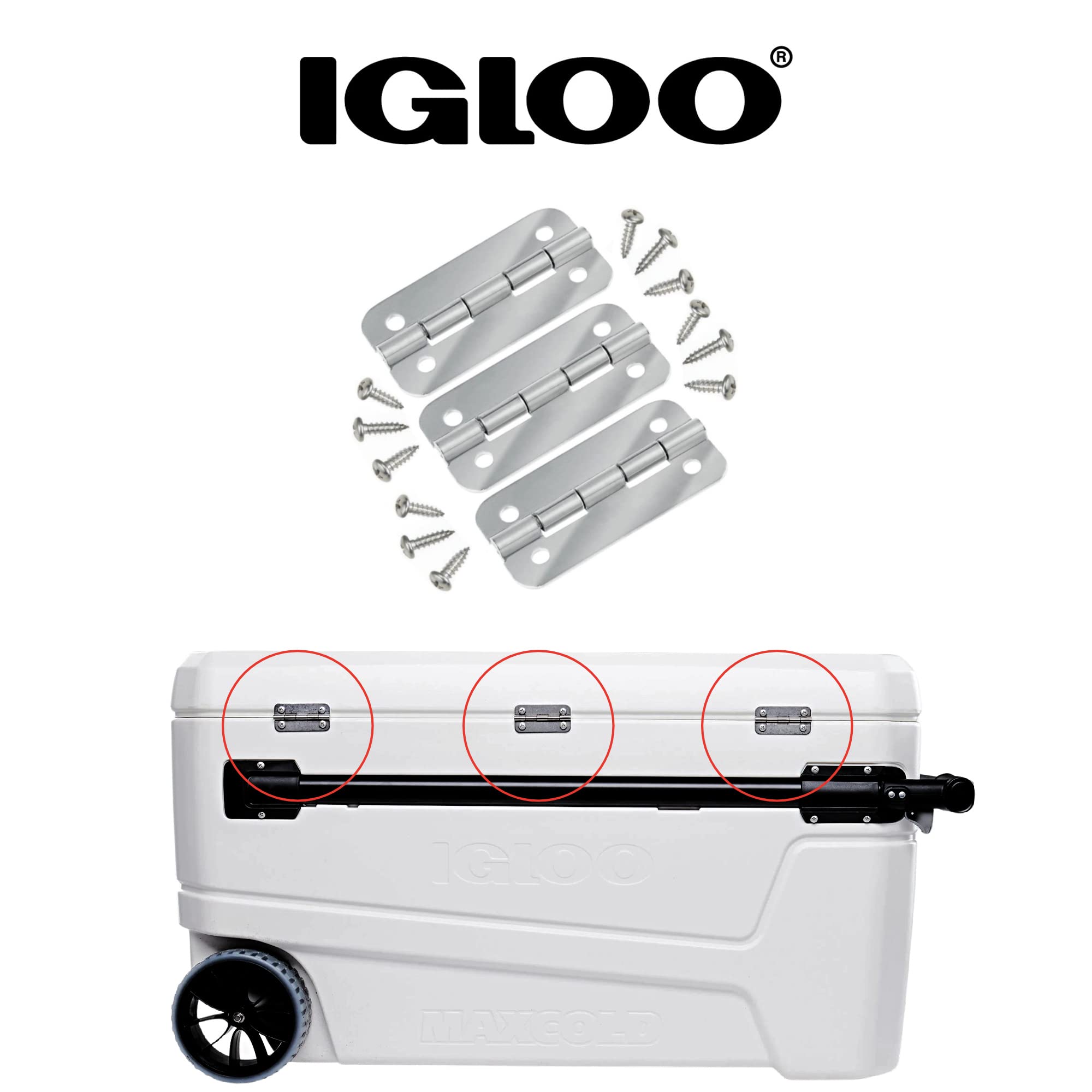 Igloo Cooler Heavy-Duty Stainless Steel Parts Kit - 2 Latches, 3 Hinges, Latch Posts & Screws