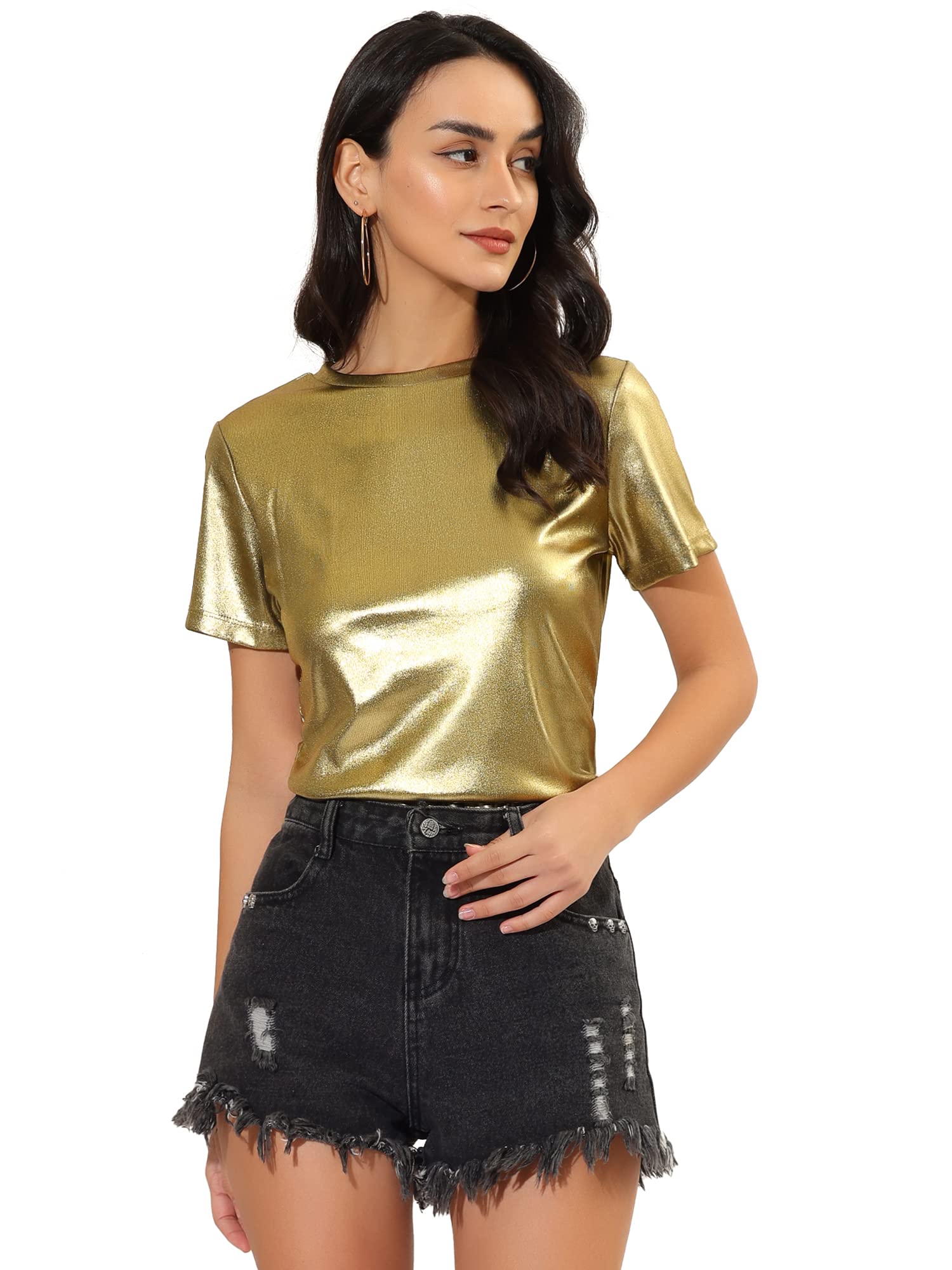 Allegra K Women's Party Metallic Textured Short Sleeve Shiny Multicolor Top Medium Gold