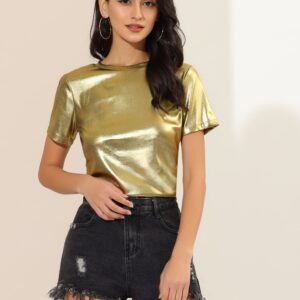 Allegra K Women's Party Metallic Textured Short Sleeve Shiny Multicolor Top Medium Gold