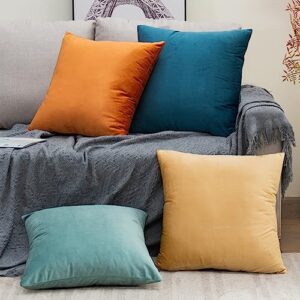 junfawn decorative throw pillow covers 18x18 set of 4 for sofa and couch, soft square velvet cushion covers cases for living room bed decor, navy/orange