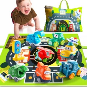 alasou 8 pcs baby cranes car toys with playmat/storage bag|1st birthday gifts for toddler toys age 1-2|baby toys for 1 2 year old boy|1 2 year old boy birthday gift for infant toddlers