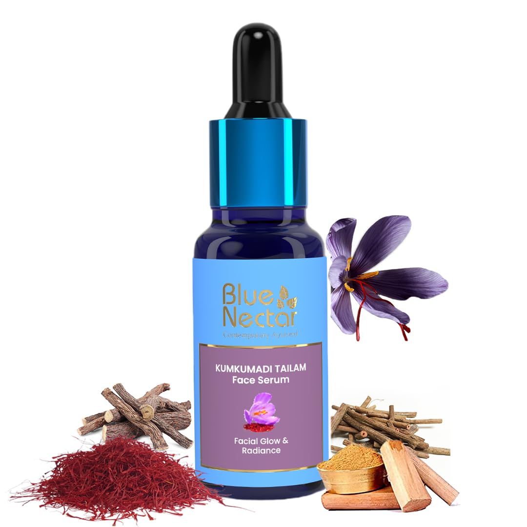 Blue Nectar Saffron & Manjish Face Oil - Original Kumkumadi Oil for Face | Ancient Glow Serum Face Moisturizer for Brighter Skin | Plant Based Collagen Booster for Women & Men (26 Herbs, 1Fl Oz)